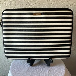 Kate Spade: Black & White Striped Padded Laptop Sleeve- Gold Tone- mark